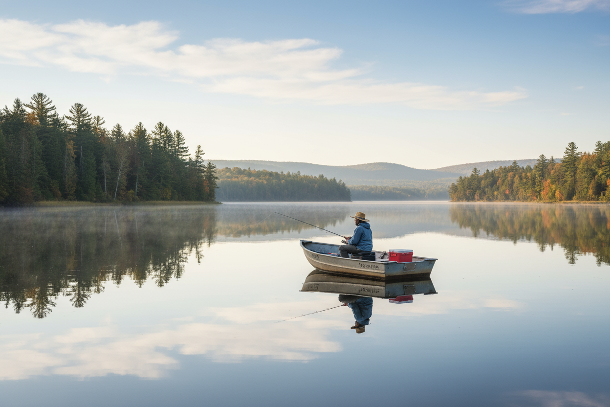 somone fishing in boat on lake 